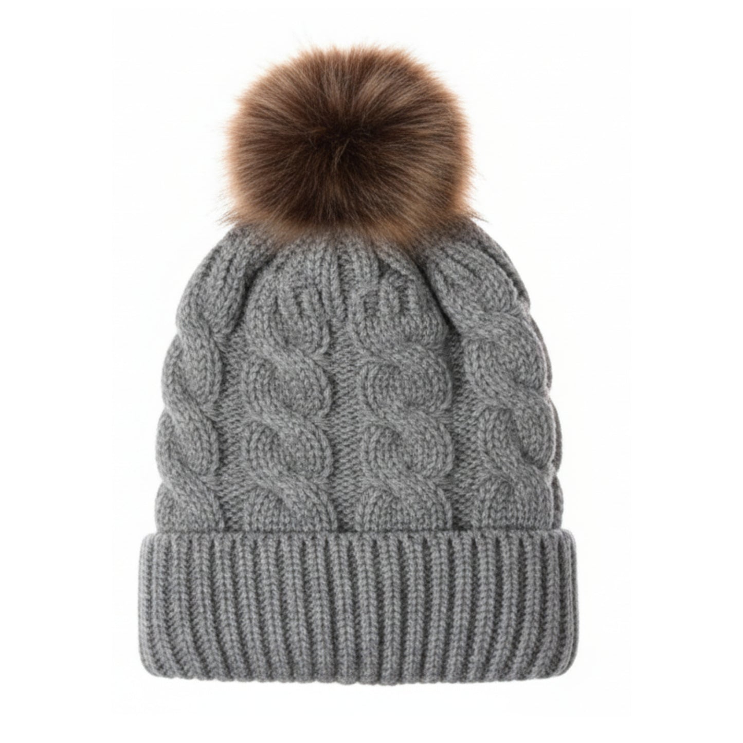 Adult Satin-Lined Cable Knit Fur Pom Hat - Grey
