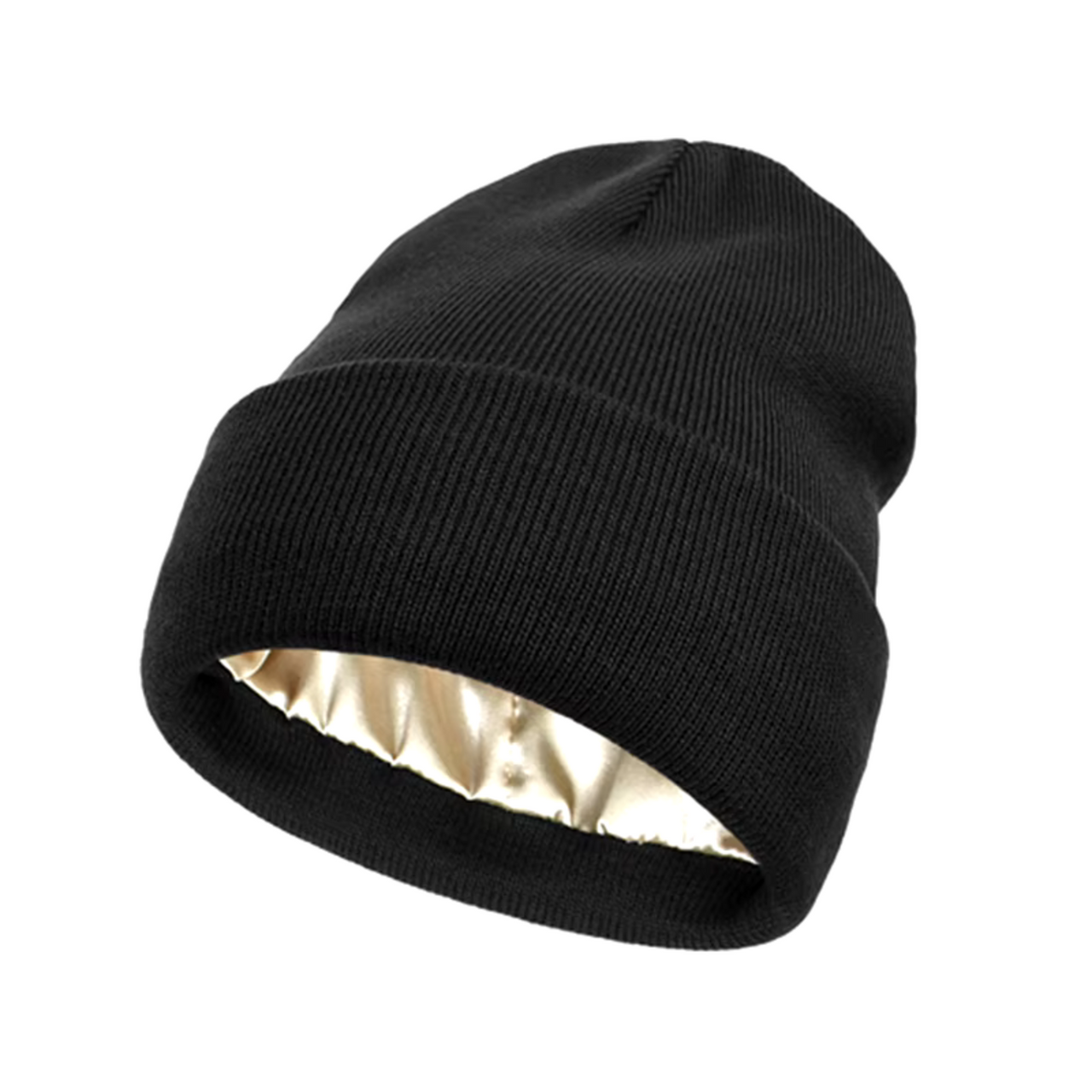 Adult Satin-Lined Knit Cuffed Beanie Hat - Black
