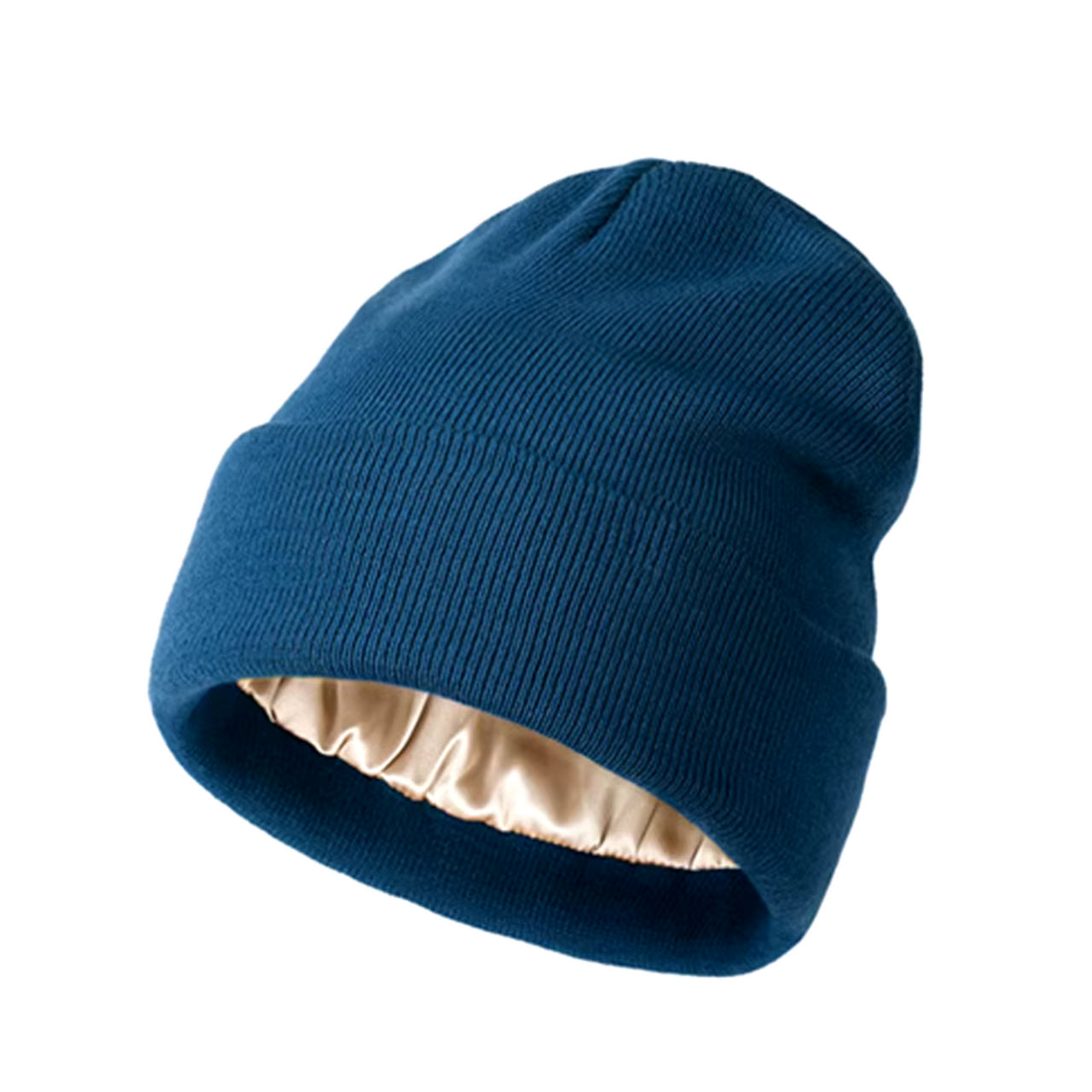 Adult Satin-Lined Knit Cuffed Beanie Hat - Navy