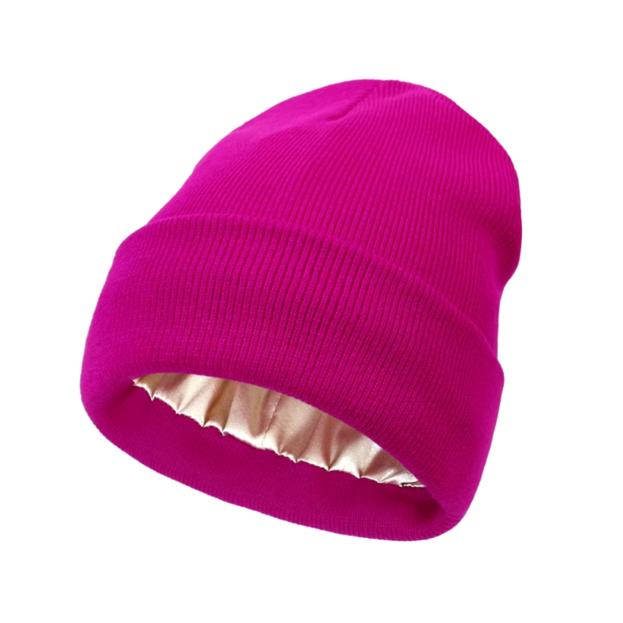 Adult Satin-Lined Knit Cuffed Beanie Hat - Hot Pink