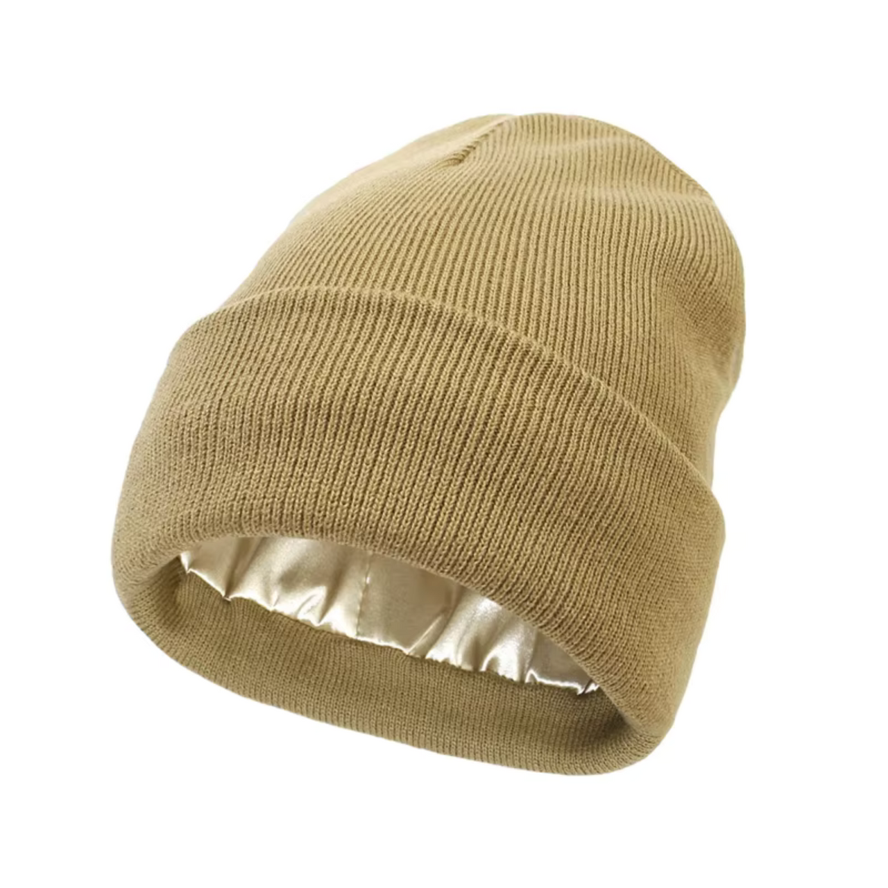 Adult Satin-Lined Knit Cuffed Beanie Hat - Tan