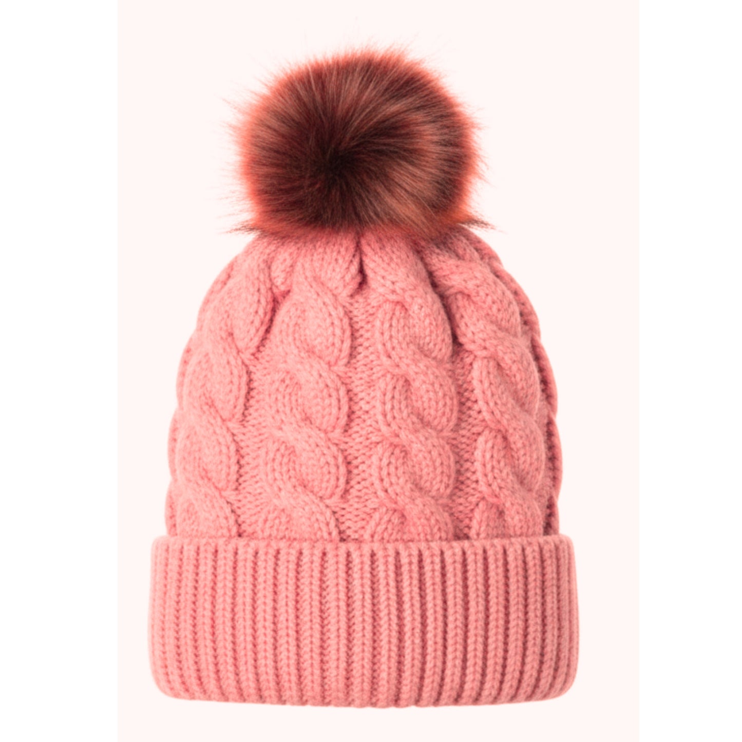 Adult Satin-Lined Cable Knit Fur Pom Hat - Blush Pink