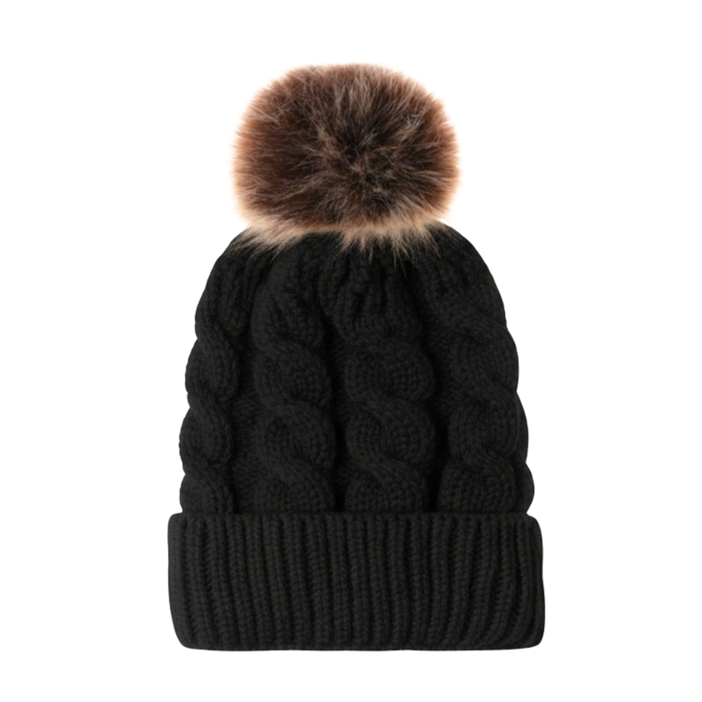Adult Satin-Lined Cable Knit Fur Pom Hat - Black