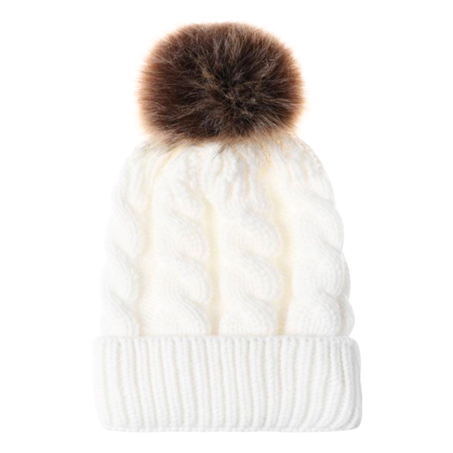 Adult Satin-Lined Cable Knit Fur Pom Hat - White