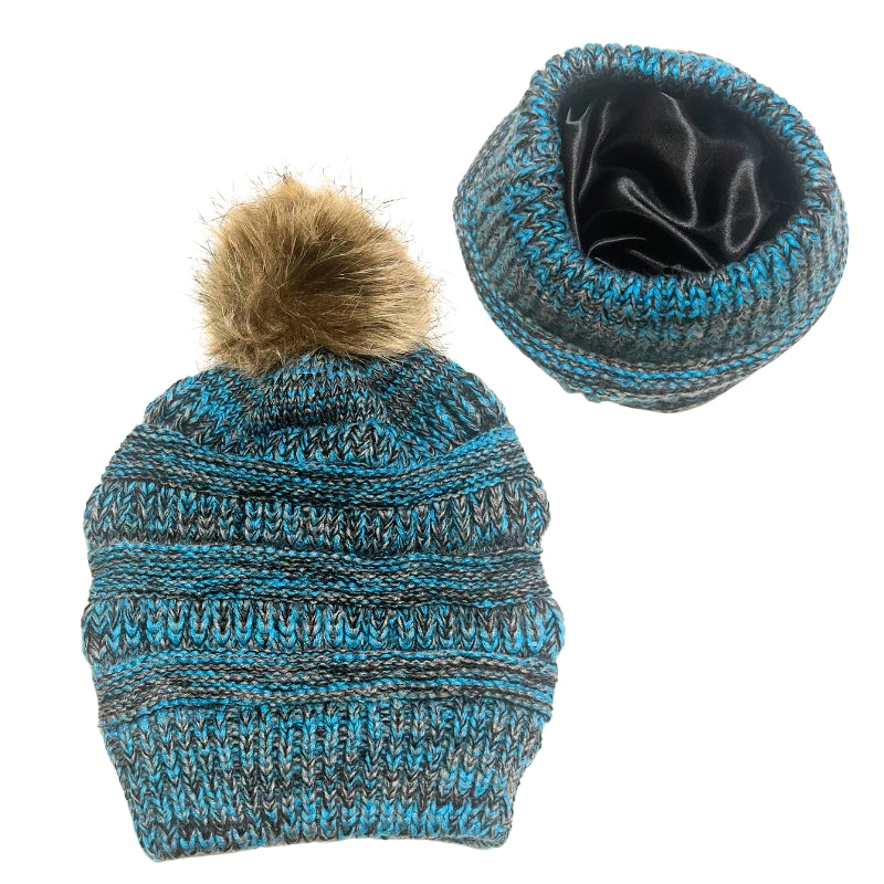 Adult Satin-Lined Pom Knit Hat - Blue & Black