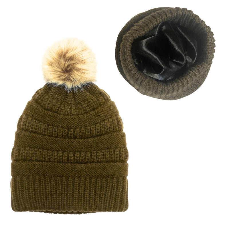 Adult Satin-Lined Pom Knit Hat - Hunter Green