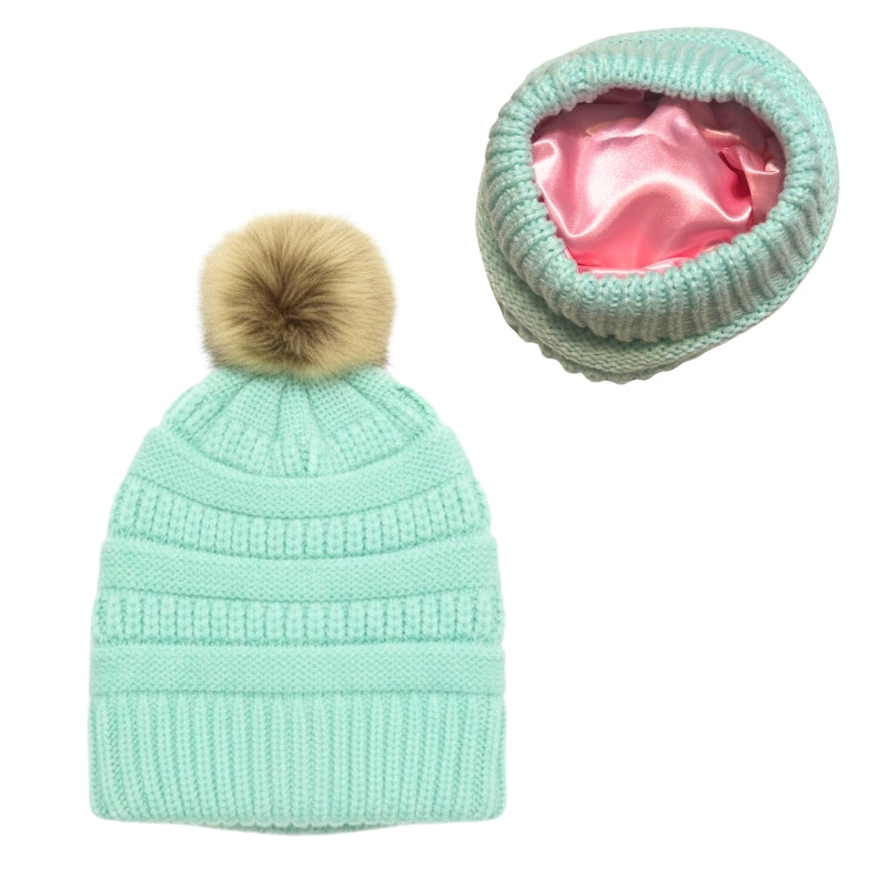 Adult Satin-Lined Pom Knit Hat - Mint