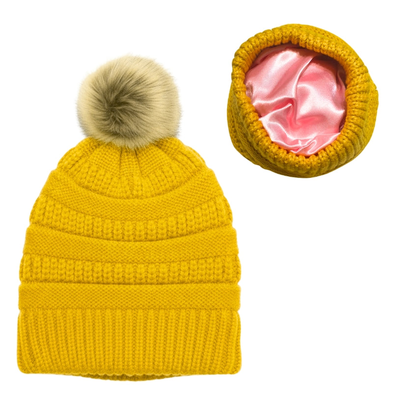 Adult Satin-Lined Pom Knit Hat - Mustard