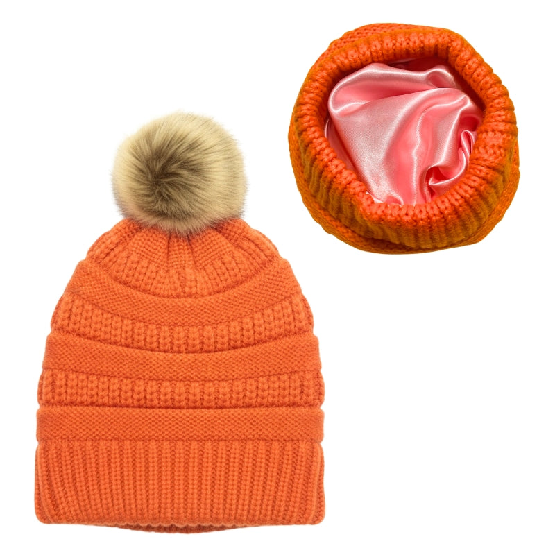 Adult Satin-Lined Pom Knit Hat - Orange