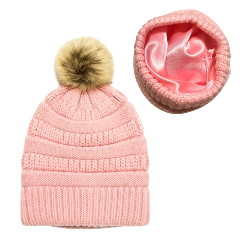 Adult Satin-Lined Pom Knit Hat - Pastel Pink