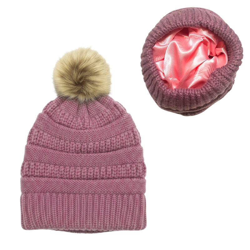 Adult Satin-Lined Pom Knit Hat - Purple
