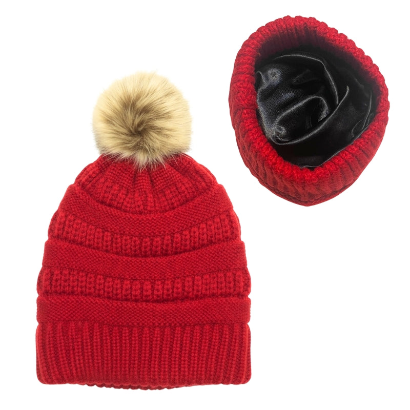 Adult Satin-Lined Pom Knit Hat - Red
