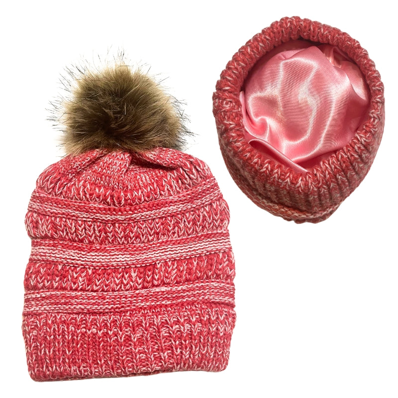 Adult Satin-Lined Pom Knit Hat - Red & White