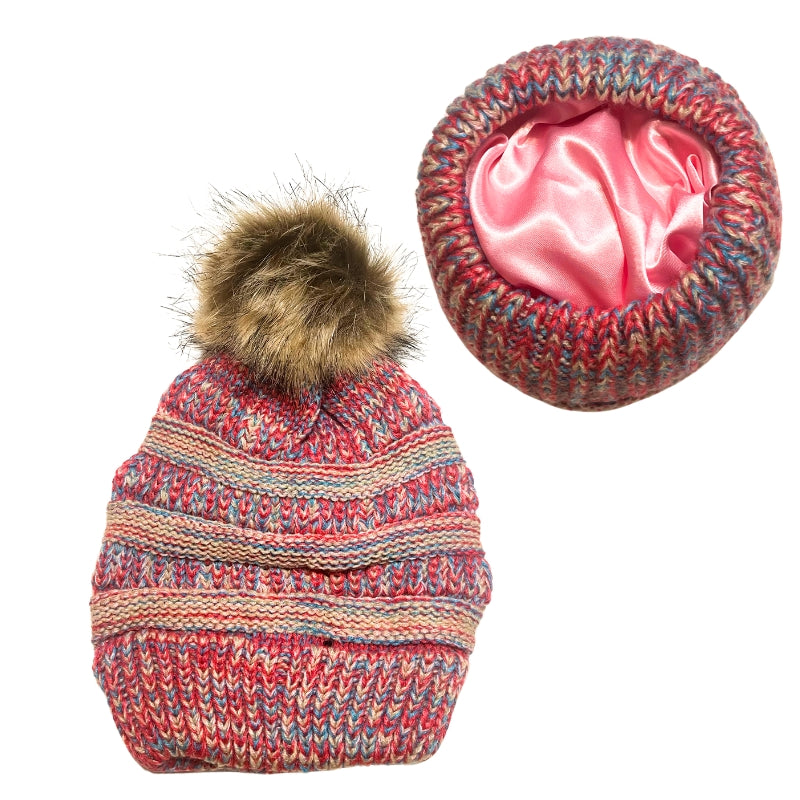 Adult Satin-Lined Pom Knit Hat - Red, White & Blue
