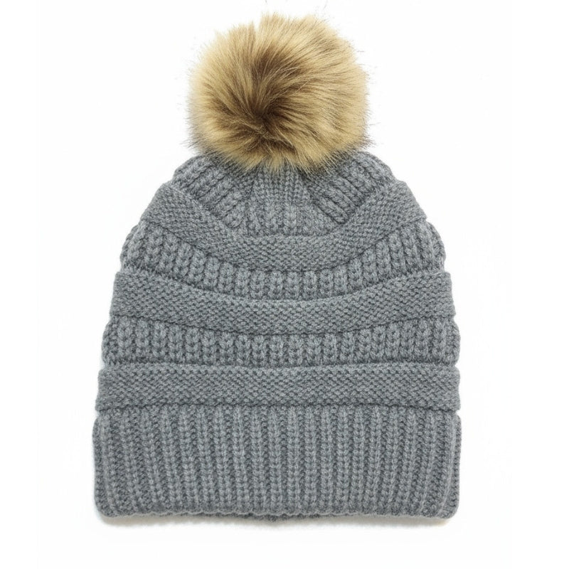 Adult Satin-Lined Pom Knit Hat - Gray