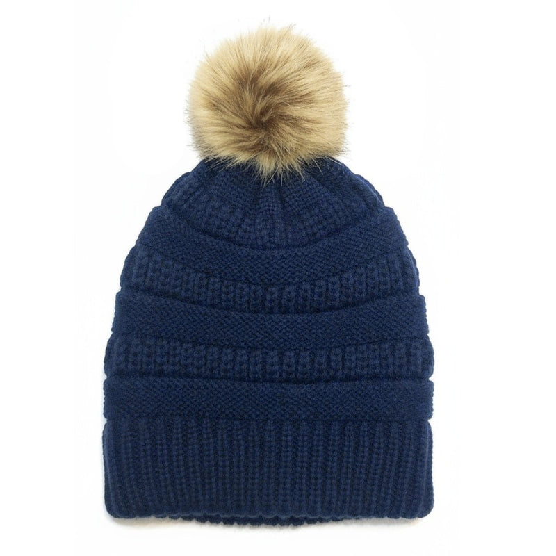 Adult Satin-Lined Pom Knit Hat - Navy
