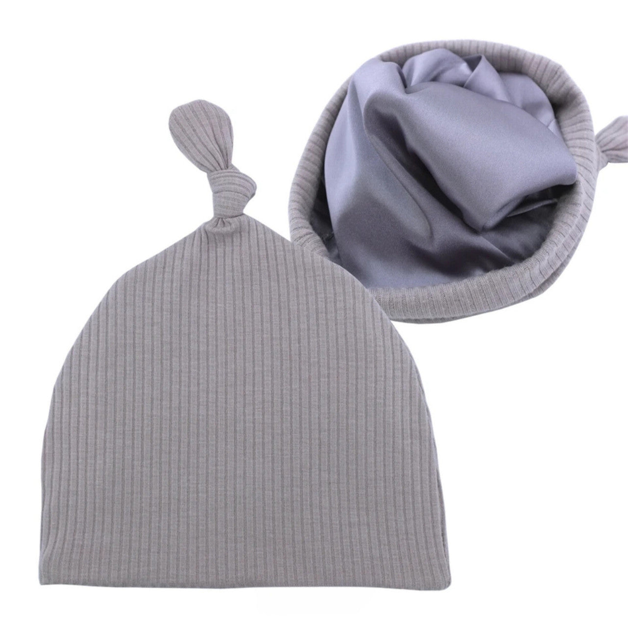 Infant Tie Ribbed Satin-Lined Hat - Silver