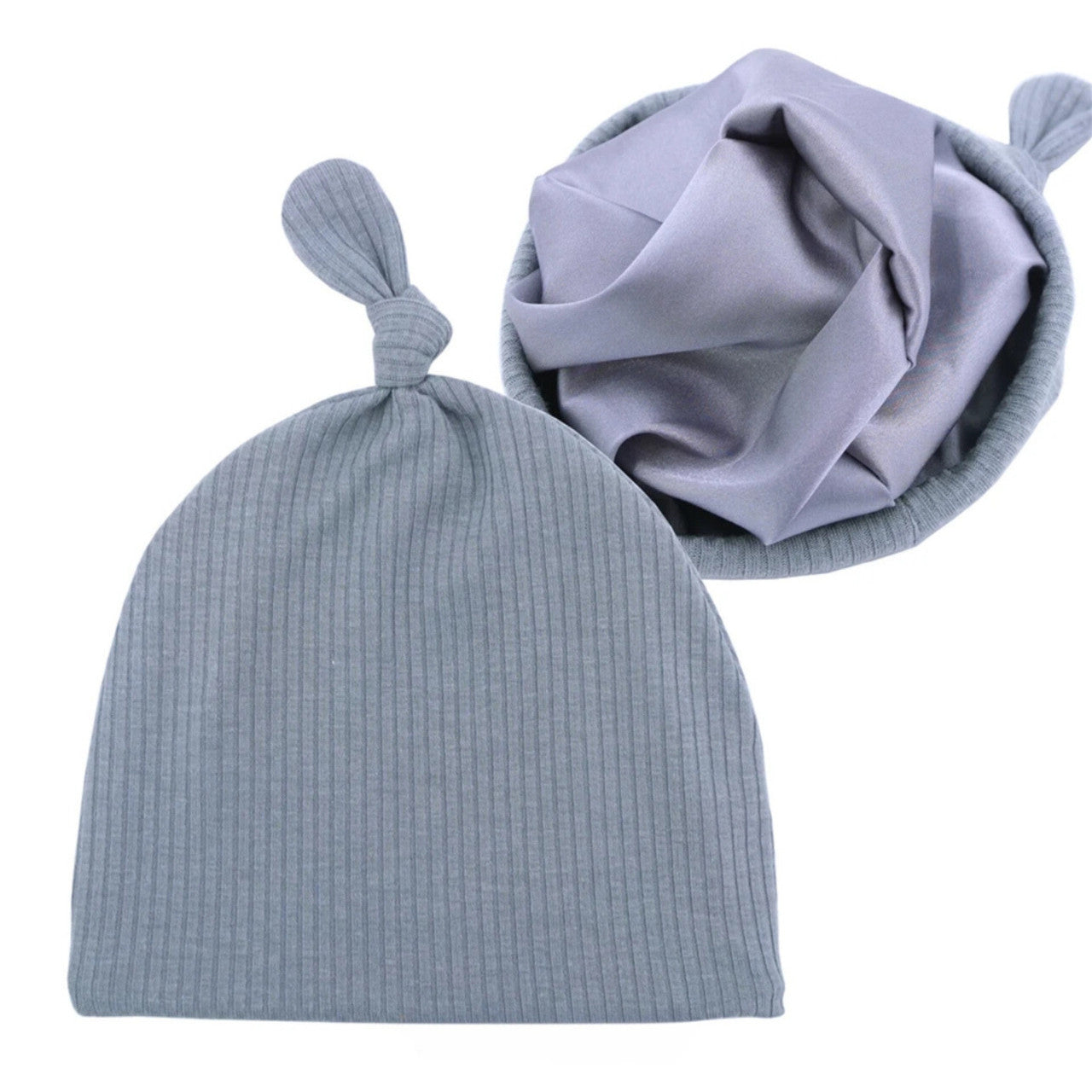 Infant Tie Ribbed Satin-Lined Hat - Smoke Blue