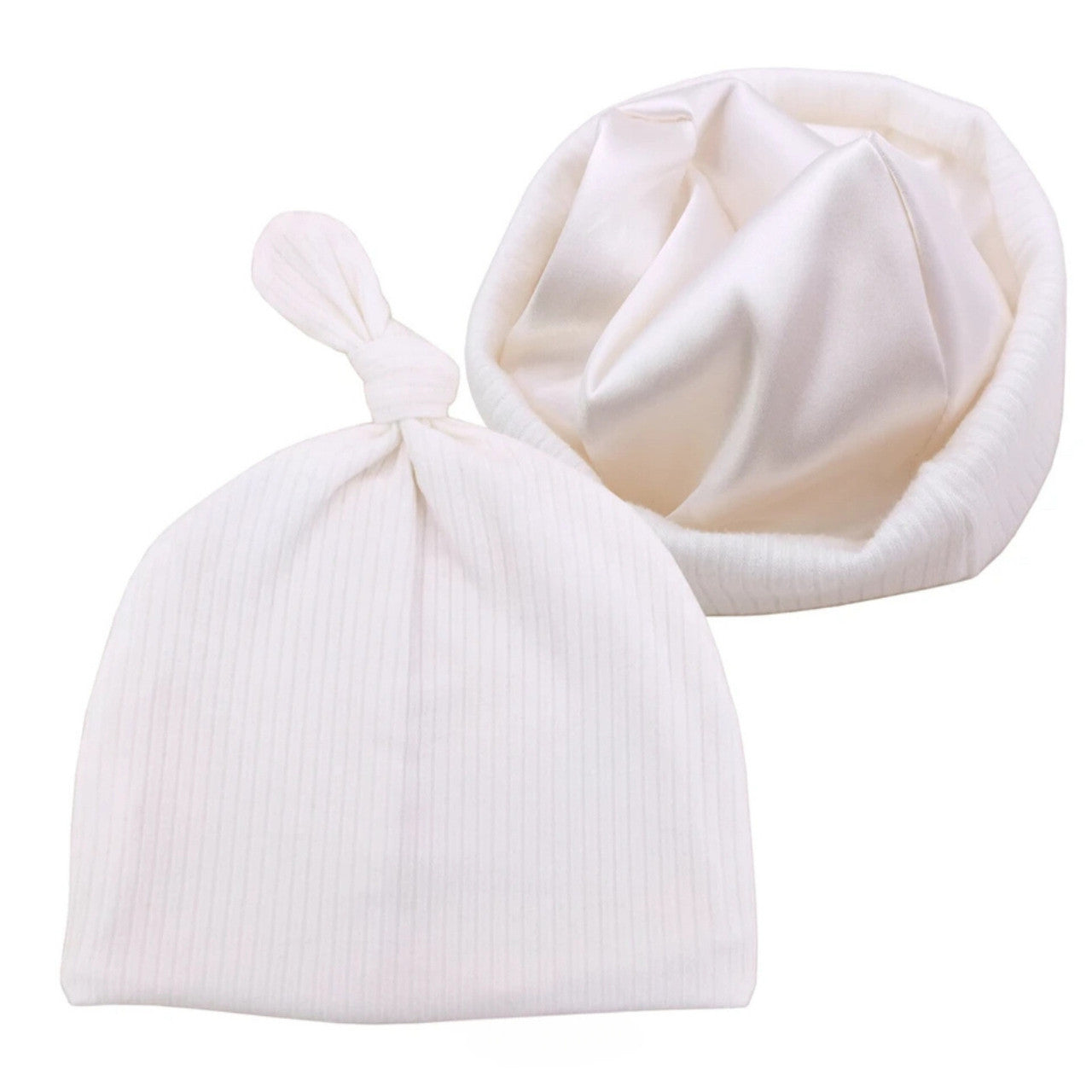 Infant Tie Ribbed Satin-Lined Hat - White