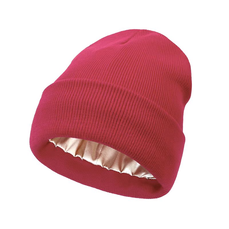 Adult Satin-Lined Knit Cuffed Beanie Hat - Red
