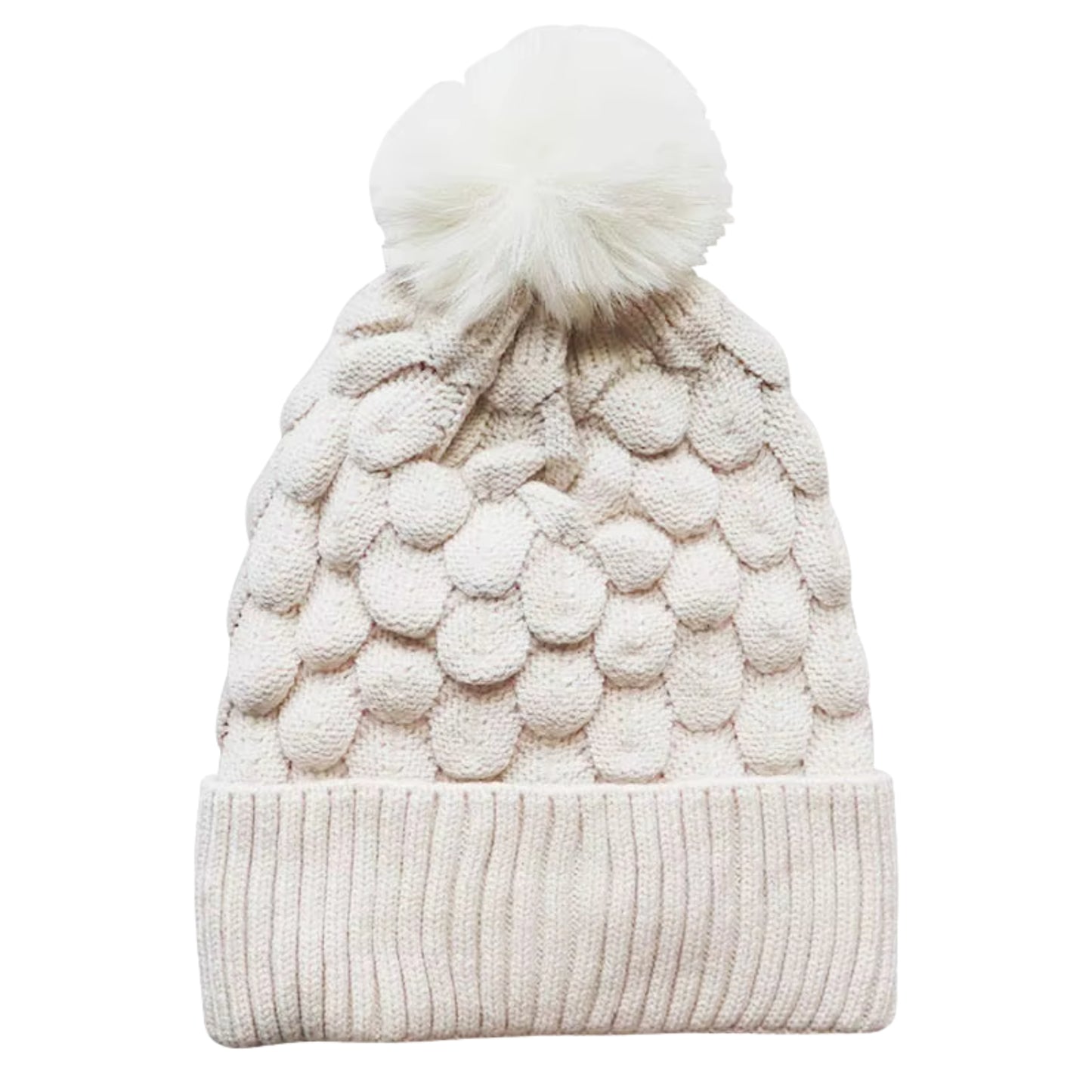Kids Scalloped Satin-Lined Pom Beanie - Beige