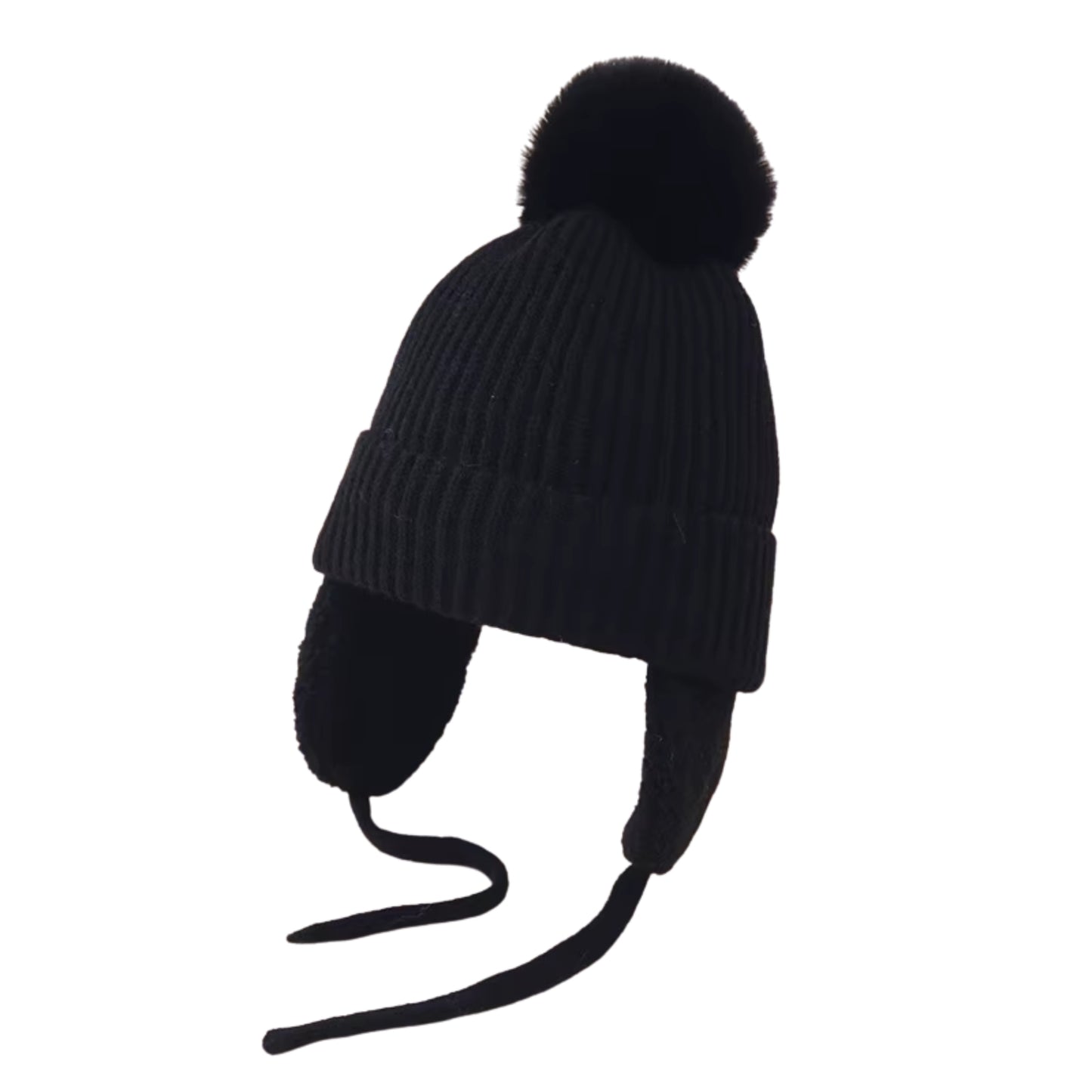 Toddler Fuzzy Flap Satin-Lined Pom Beanie - Black