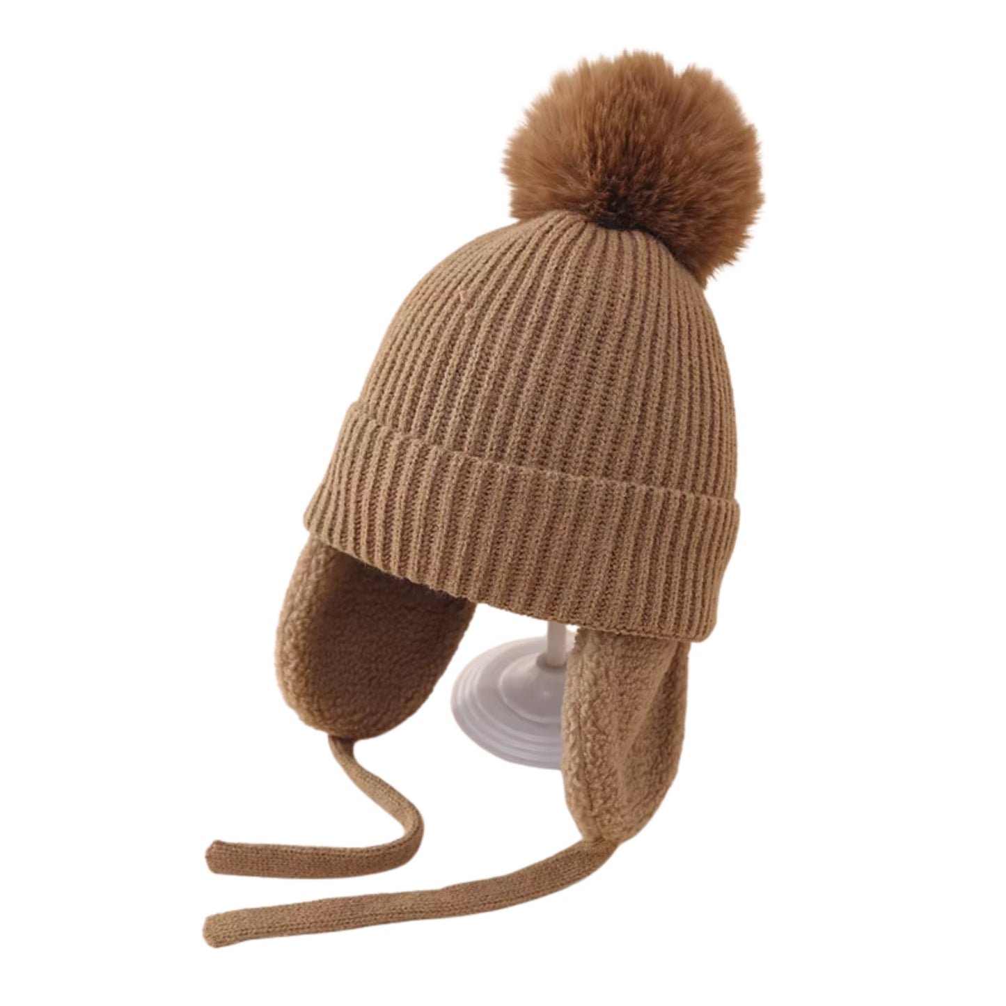 Toddler Fuzzy Flap Satin-Lined Pom Beanie - Brown