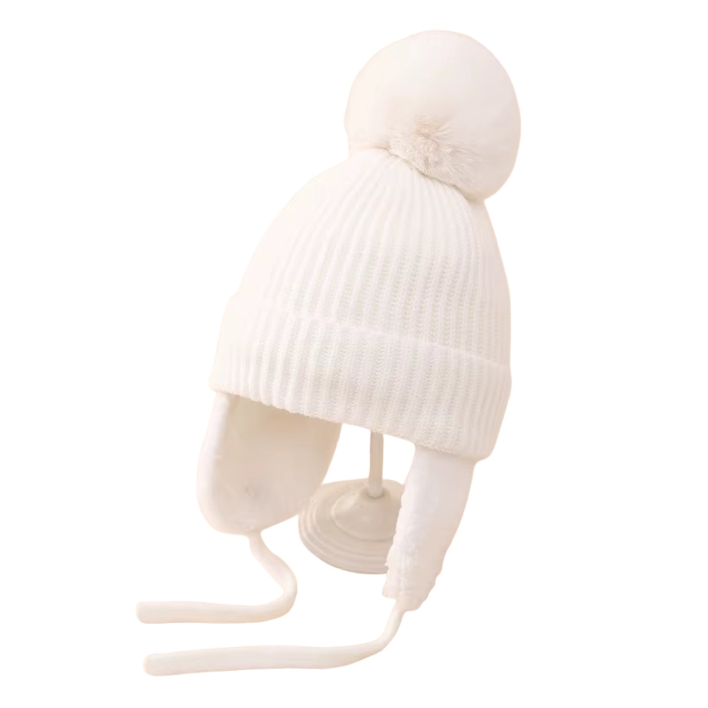 Toddler Fuzzy Flap Satin-Lined Pom Beanie - White