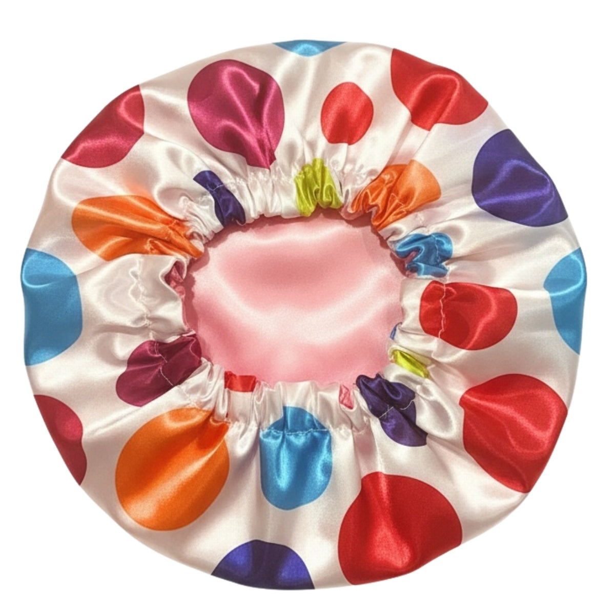Polka Dots Reversible Satin Bonnet - White and Rainbow