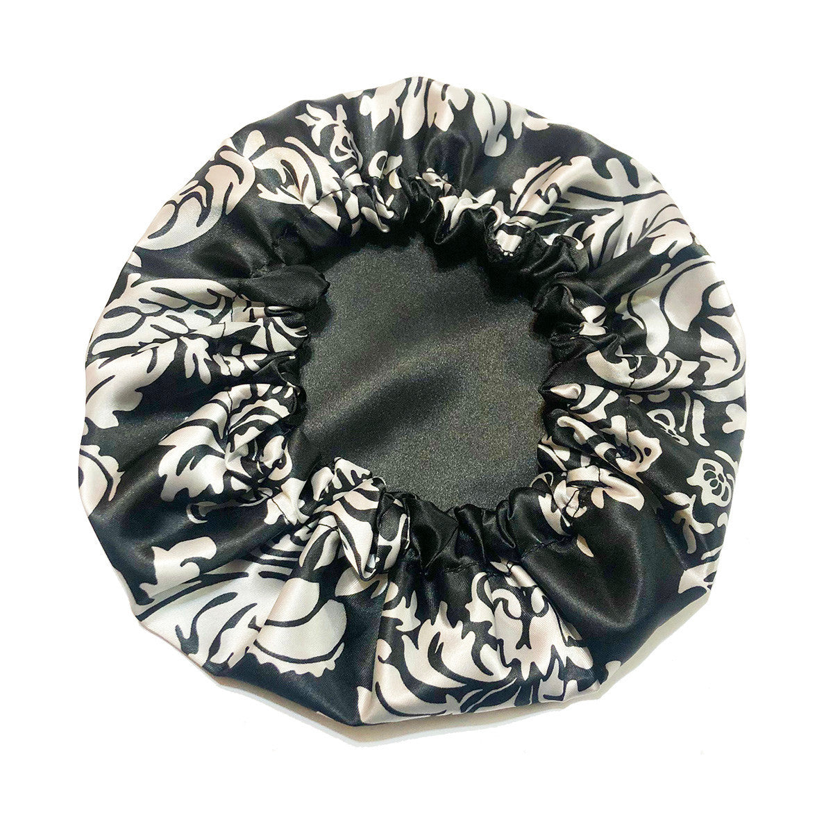 Damask Print Reversible Satin Bonnet - Black