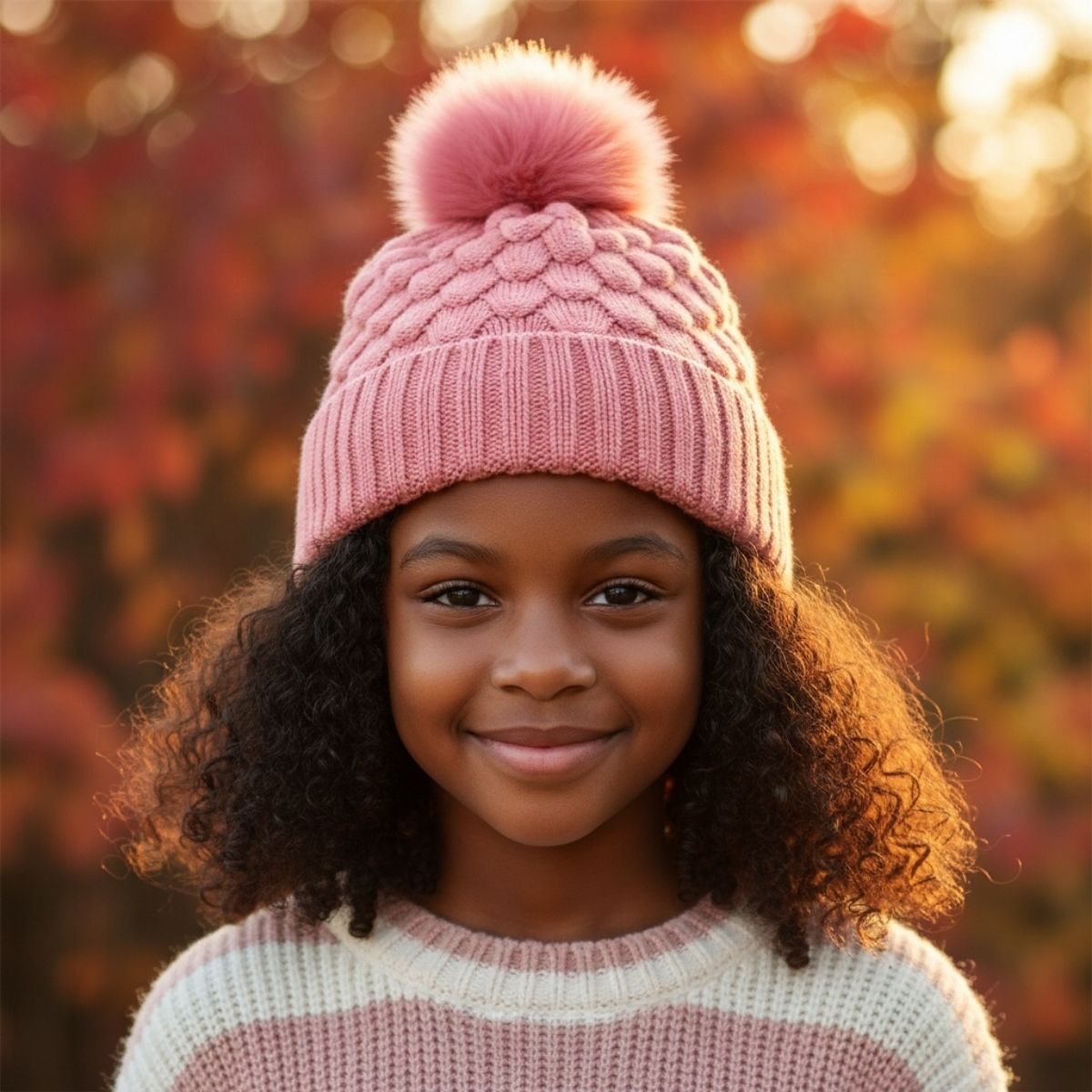 Kids Scalloped Satin-Lined Pom Beanie - Blush Pink