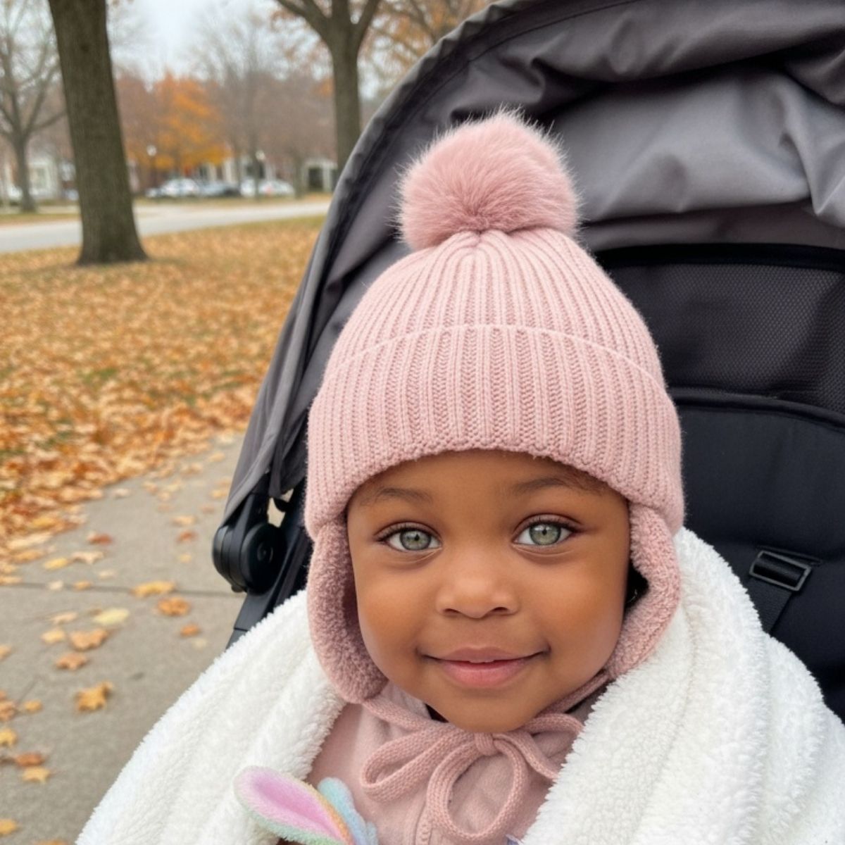 Toddler Fuzzy Flap Satin-Lined Pom Beanie - Blush Pink