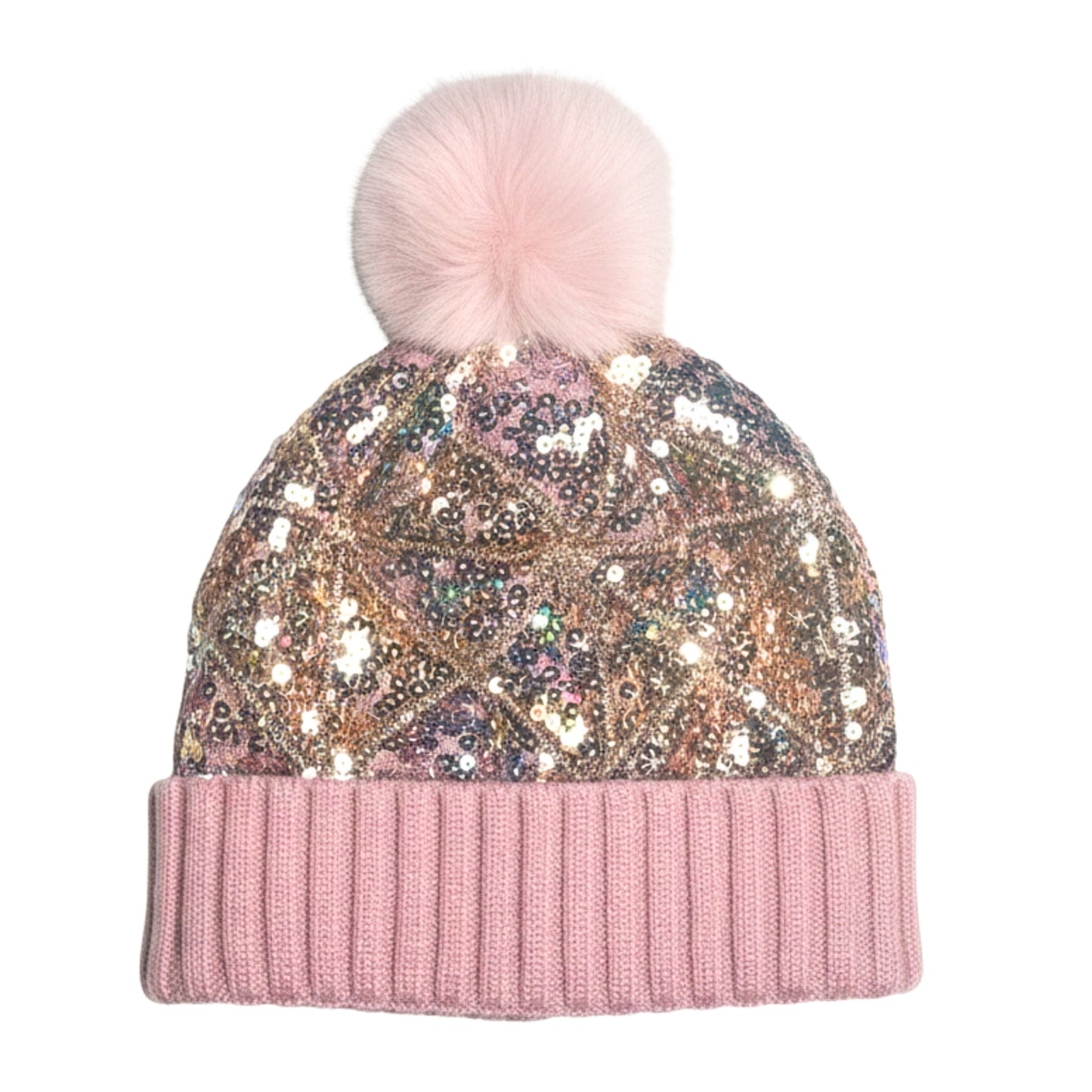Diamond Sequined Satin-Lined Pom Hat - Pink
