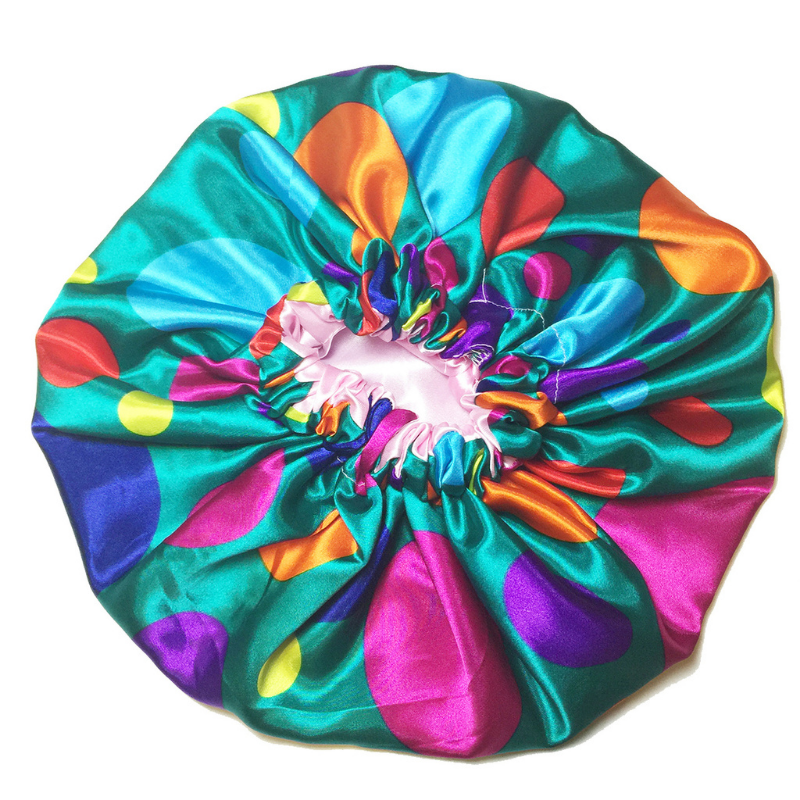 Polka Dots Reversible Satin Bonnet - Teal and Rainbow