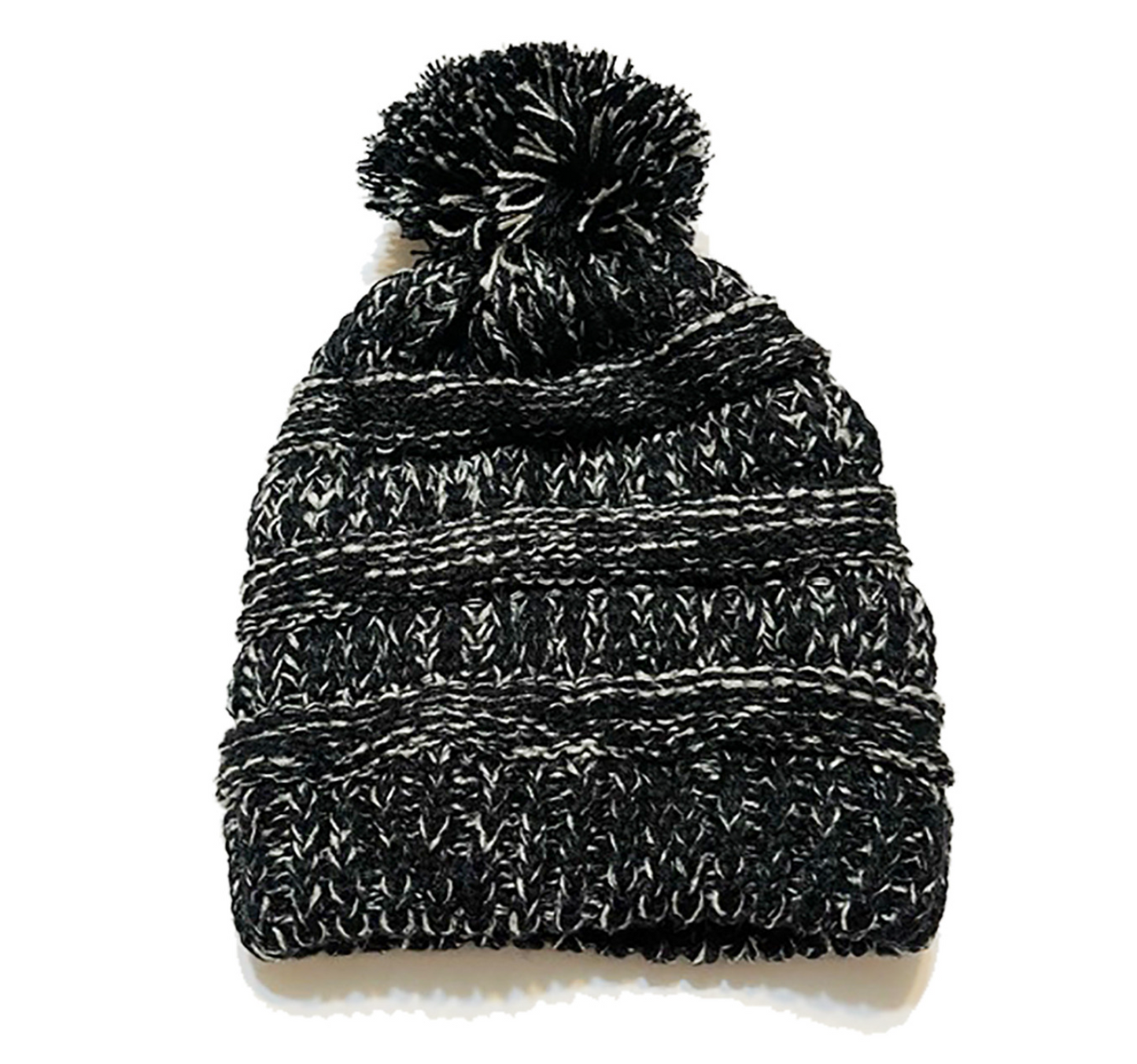 Kid's Satin-Lined Pom Knit Hat - Black and White