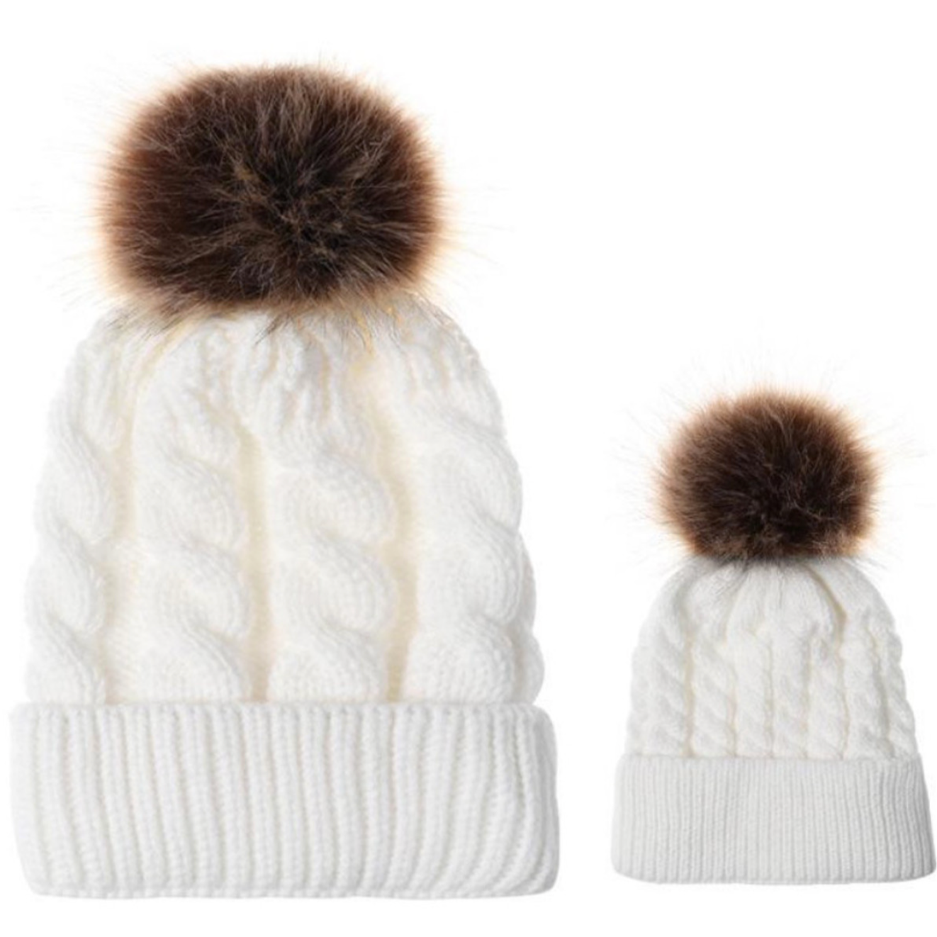 Mommy and Me Satin-Lined Pom Knit Hat Set - White