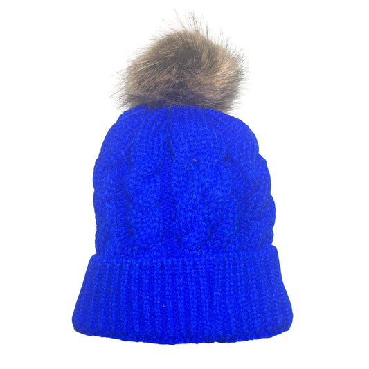 Adult Satin-Lined Cable Knit Fur Pom Hat - Blue