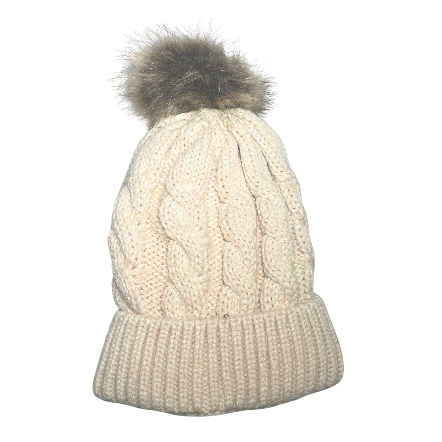 Adult Satin-Lined Cable Knit Fur Pom Hat - Cream