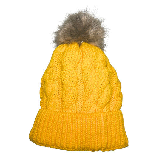 Adult Satin-Lined Cable Knit Fur Pom Hat - Mustard