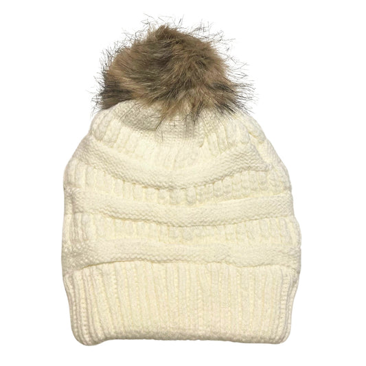 Adult Satin-Lined Pom Knit Hat - Cream