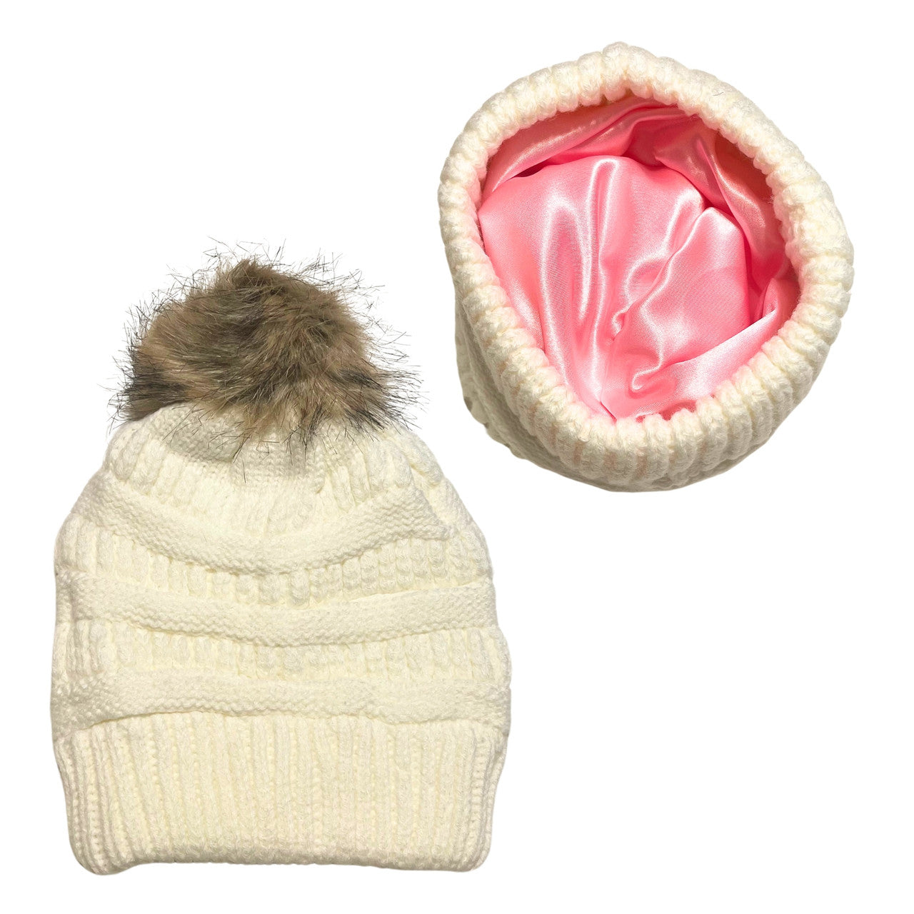 Adult Satin-Lined Pom Knit Hat - Cream