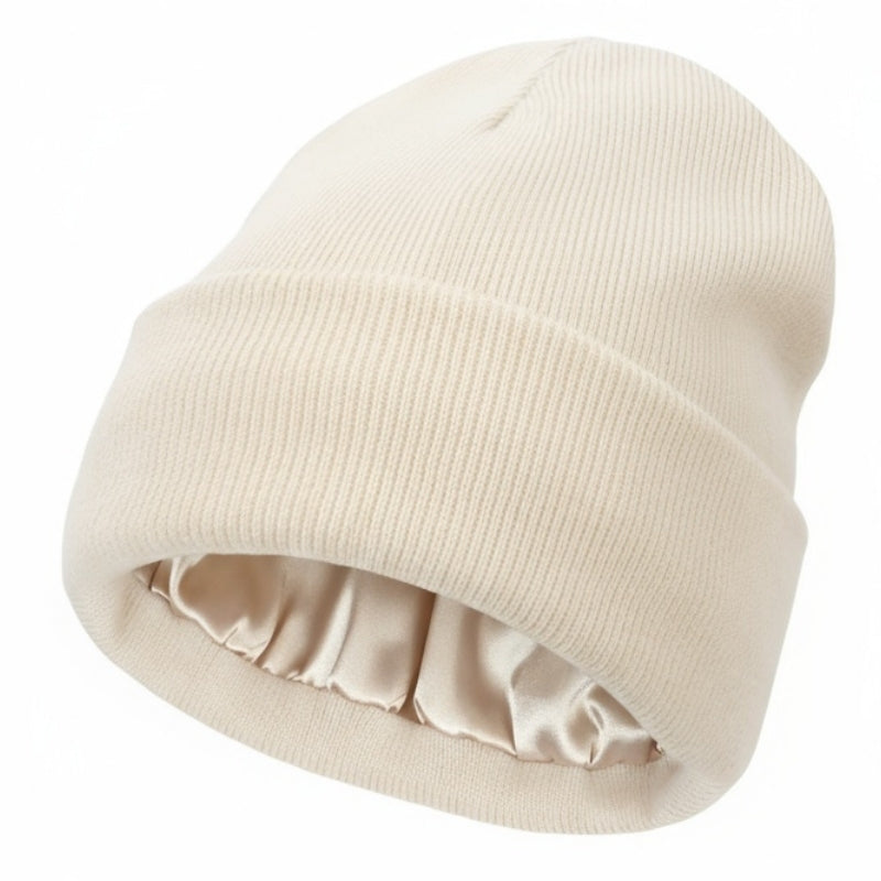 Adult Satin-Lined Knit Cuffed Beanie Hat - Cream