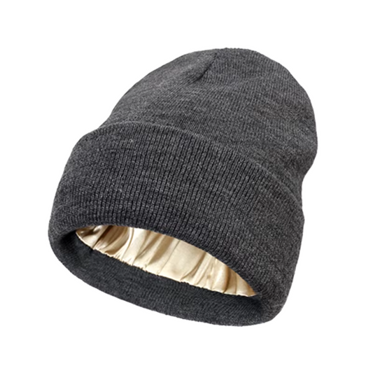 Adult Satin-Lined Knit Cuffed Beanie Hat - Gray