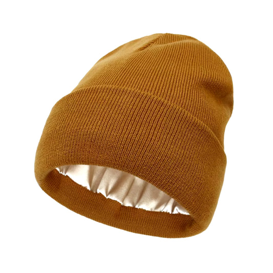 Adult Satin-Lined Knit Cuffed Beanie Hat - Burnt Orange