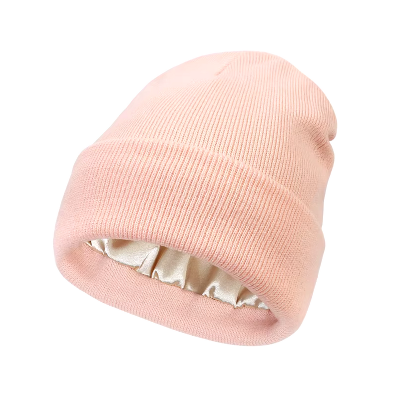 Adult Satin-Lined Knit Cuffed Beanie Hat - Pastel Pink