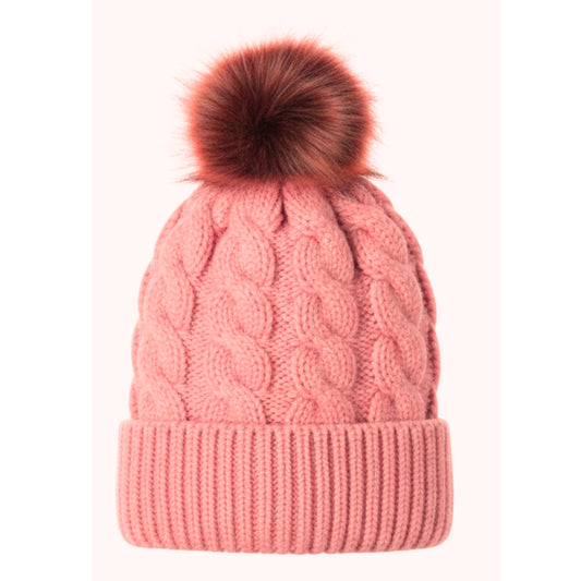 Adult Satin-Lined Cable Knit Fur Pom Hat - Blush Pink