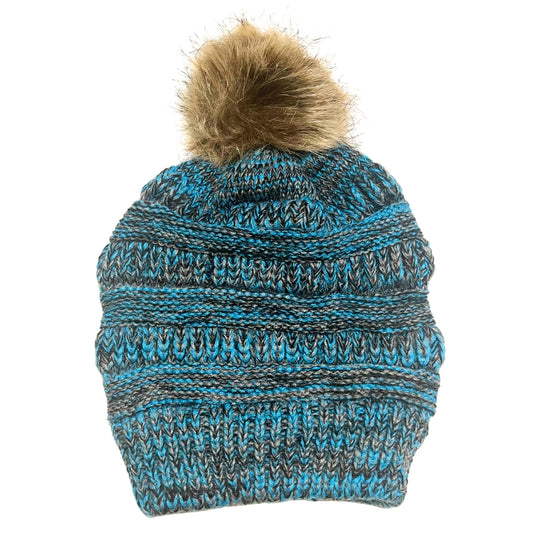 Adult Satin-Lined Pom Knit Hat - Blue & Black