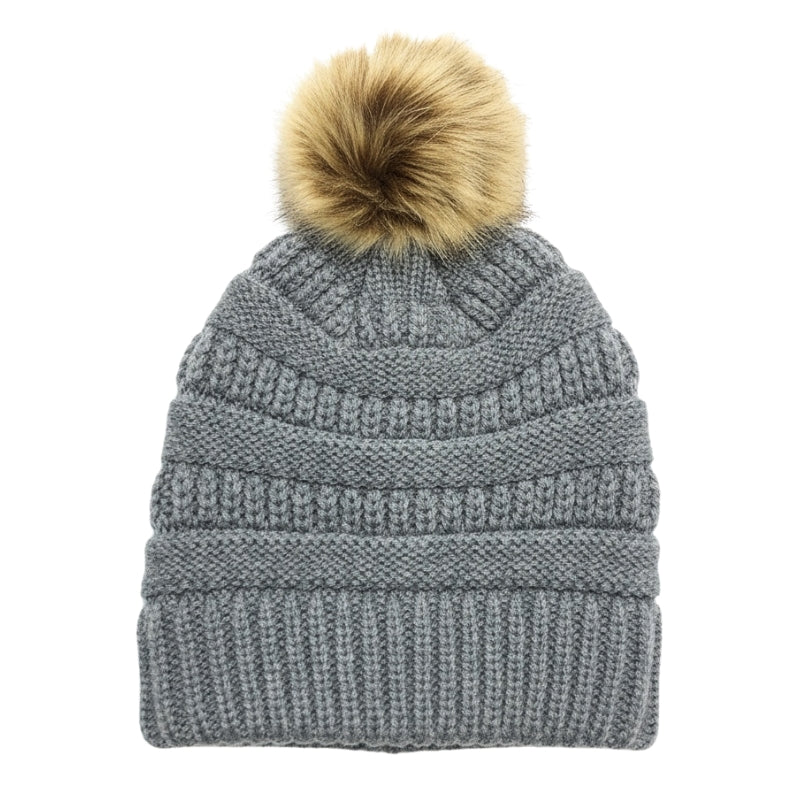 Adult Satin-Lined Pom Knit Hat - Grey