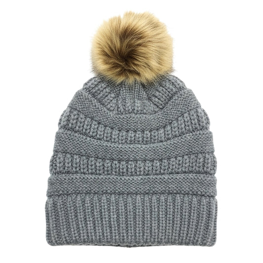 Adult Satin-Lined Pom Knit Hat - Grey