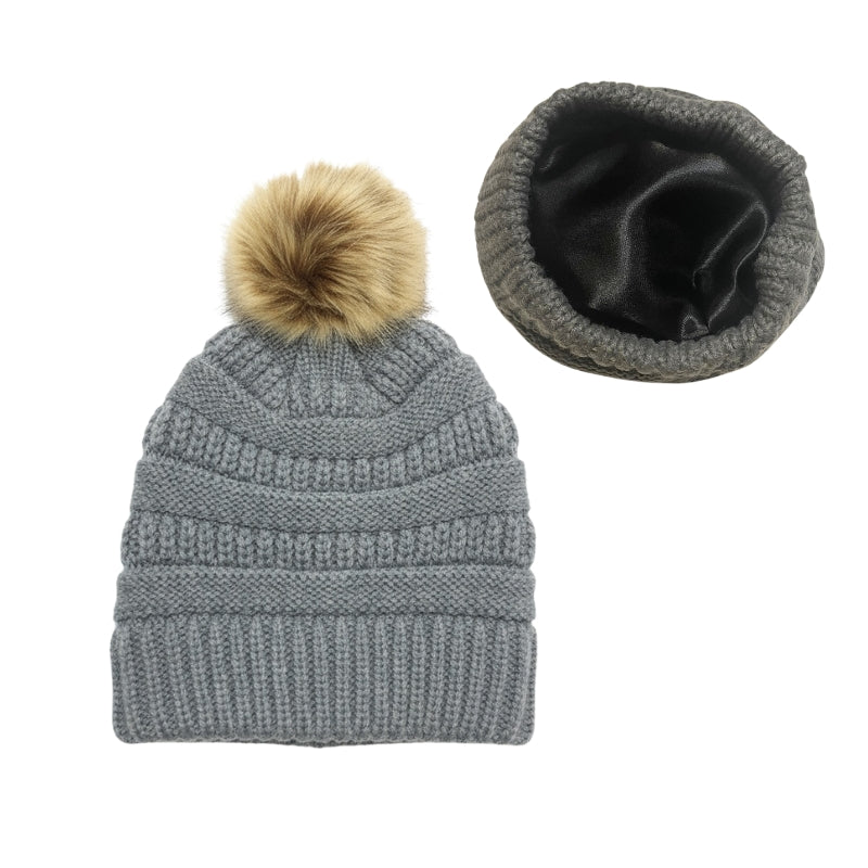 Adult Satin-Lined Pom Knit Hat - Grey
